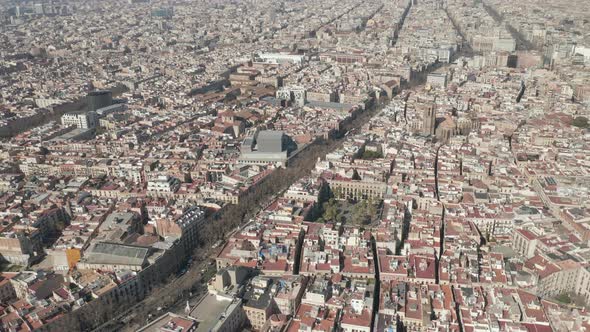 AERIAL: View Over La Rambla Street in Barcelona, Spain on Sunny Winter Day 