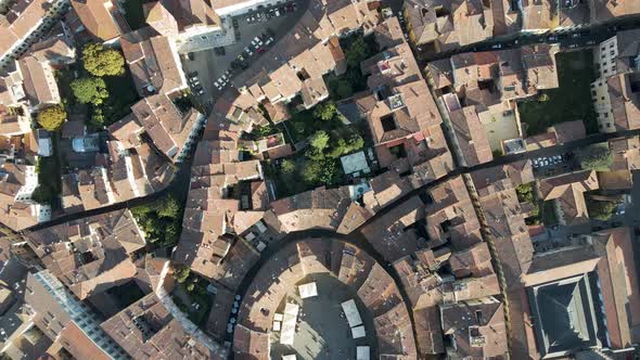 Aerial view of Piazza dell'Anfiteatro in Lucca old town, Tuscany, Italy.