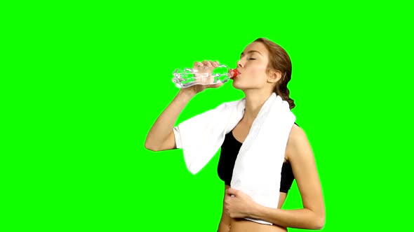 Sporty Muscular Woman Drinking Water, Close Up, Green Screen