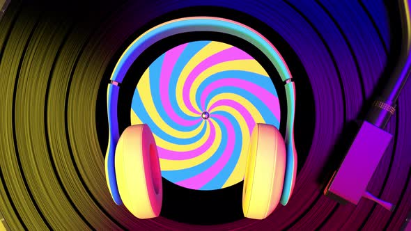 Yellow headphone moving with rhythm night club music against turning vinyl disc 4k alt