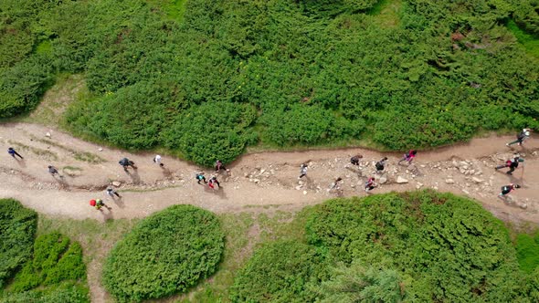 Aerial View of a Group of Young People Walking Along a Mountain Trail to the Top of the Mountain