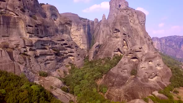 Aerial view of rocks near the Roussanou Monastery in Meteora, Greece.