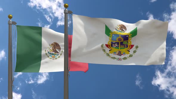 Mexico Flag Vs Queretaro Flag On Flagpole