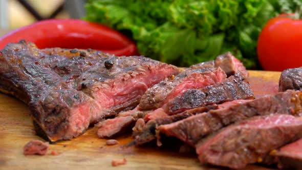 Panorama of the Prepared Super Juicy Steak on a Wooden Board