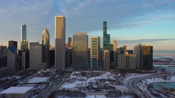Urban Skyline of Chicago at Sunset in Winter