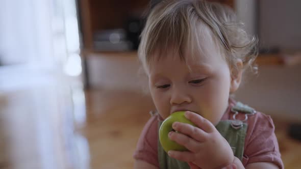 Cinematic Shot of Happy Smiling Cute Curious Little Toddler Boy Eating Fresh Biologic Apple Full of