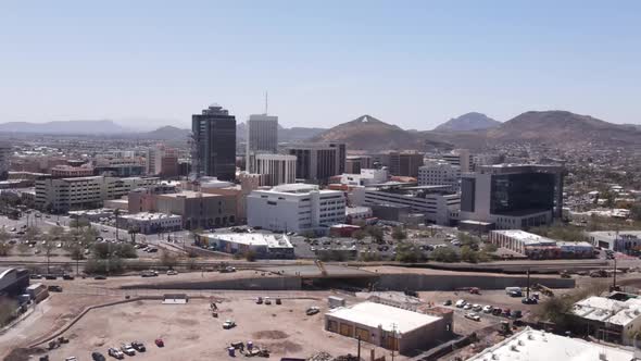 Aerial Drone Footage Of Downtown Tucson Arizona and Sentinel Mountain