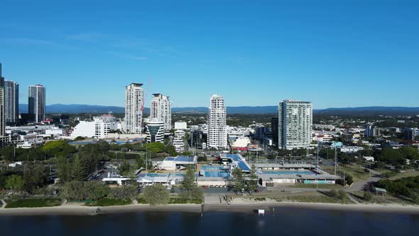 Revealing aerial view of the Gold Coast suburb Southport looking from the Broadwater showing the hig