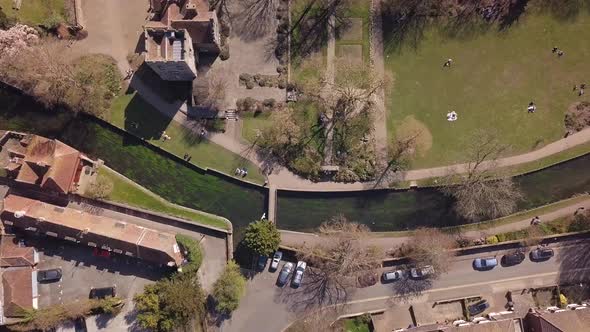 Aerial shot, top down of the River Stour in Canterbury, Kent