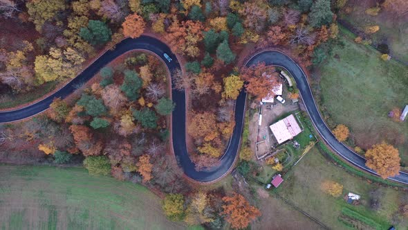 Top Down Aerial View of Car on Curvy Countryside Road With Autumn Foliage Colors in Rural Czech Repu