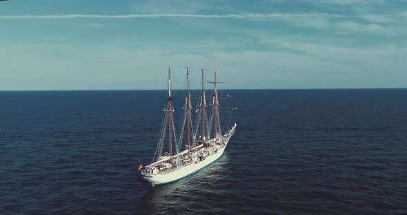 Schooner ship Juan Sebastian de Elcano of Spanish Navy. Aerial orbit