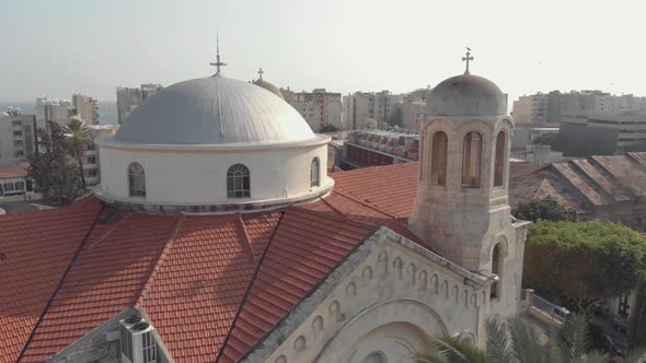 Aerial 4K Drone footage of the Church of the holy trinity in limassol, Cyprus