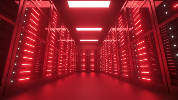 Endangered, hacked Datacenter server room interior walkthrough animation, 3d render 4k