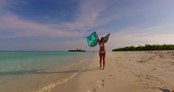 Pretty Fun Woman Traveling by The Sea at The Beach on Sunny Blue and White Sand