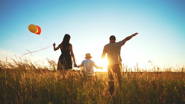 Family Walks on Field in Summer and Holds Hands Dad Speaks and with Gesture of Hand Into Distance