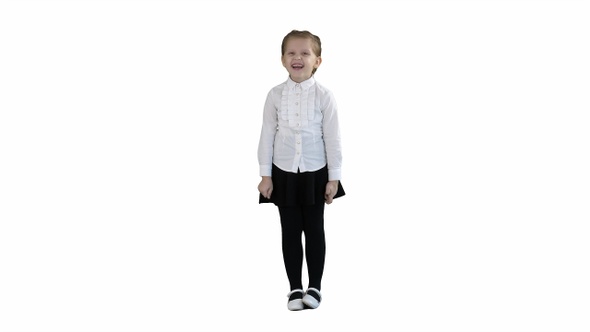 Happy laughing child girl on white background.