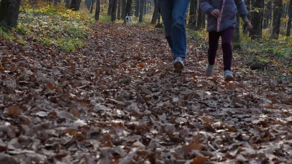 In slow motion, a mother and her daughter are running through fallen leaves in an autumn forest