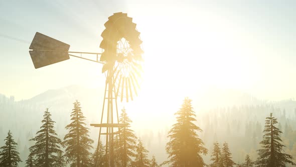 Typical Old Windmill Turbine in Forest at Sunset