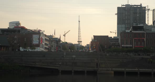 Broadway in Nashville at sunset with the city skyline