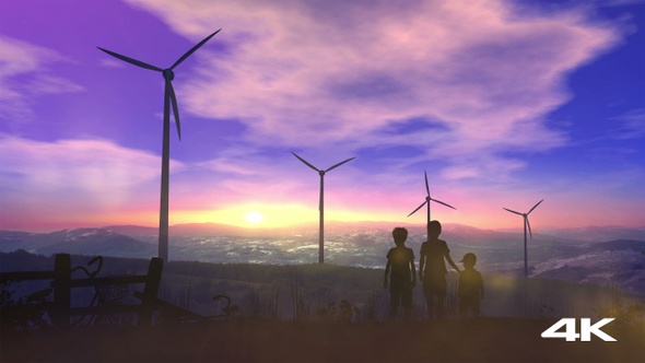 Children At Sunset Watching Wind Power Plants 4K alt