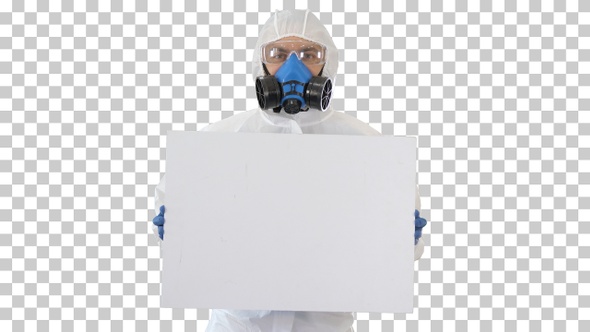 Lab scientist in safety suit holding empty, Alpha Channel