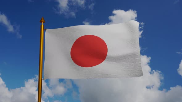 National flag of Japan waving with flagpole and blue sky timelapse