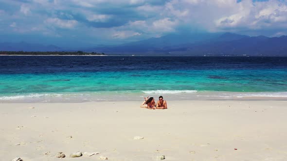 Happy Boy and Girl Married on Vacation Spend Quality Time on Beach on Paradise White Sand 