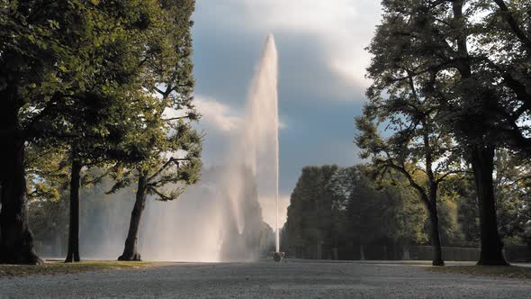 Hannover, Germany. A Huge, High Jet of Water Fountain Pouring Out of a Bowl Placed on the Ground
