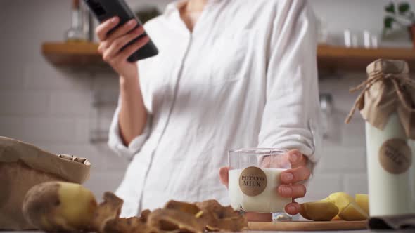 A Girl Of White Appearance Drinks Drinks Lactose Free Milk From Plant Products, Non Dairy Milk