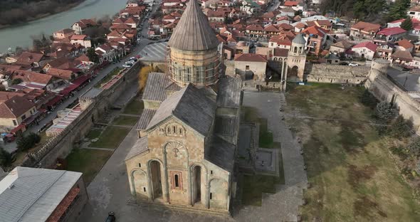 Aerial view of Orthodox Svetitskhoveli Cathedral in Mtskheta, Georgia