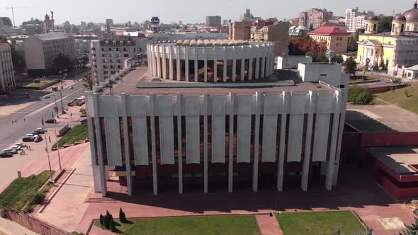 Ukrainian House on the European Square in Kyiv. Ukraine. Aerial View