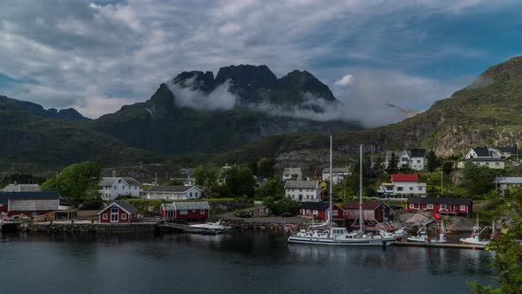 Timelaspe Moving Clouds Over Norwegian Fishing Village