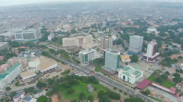 Accra central aerial view track forwards to cedi house