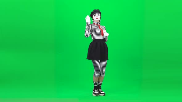 Mime Girl Acting Like She Horsewoman. Chroma Key. Full Length