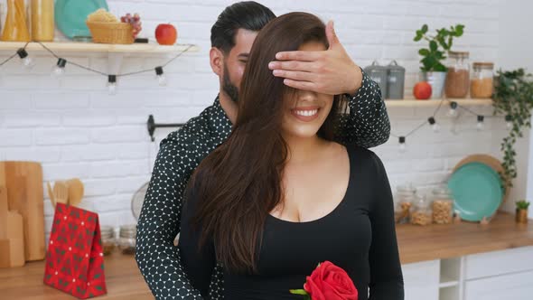 The Man Congratulates the Girl in the Kitchen Romantic Exiting Moment Relatioship Concept