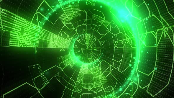 Animated abstract background in abstract futuristic tunnel with green neon lights