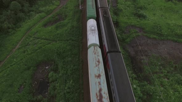 Aerial Bird Eye View of Two Railway Different Direction and Moving Trains, Russia