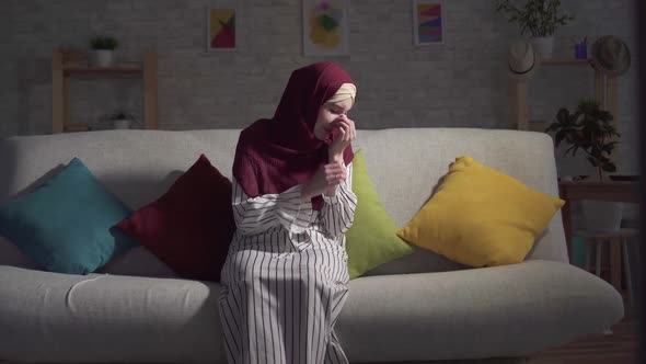 Young Muslim Woman Depression Crying Sitting Couch Living Room