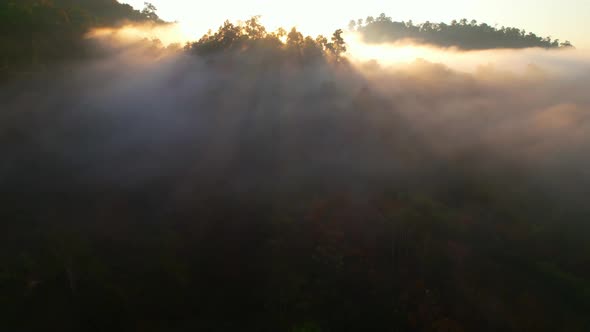 4K Aerial view of Mountains landscape with morning fog.