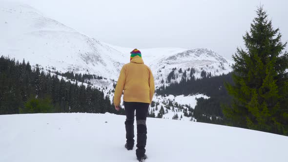 A Man Travels in the Mountains in Winter