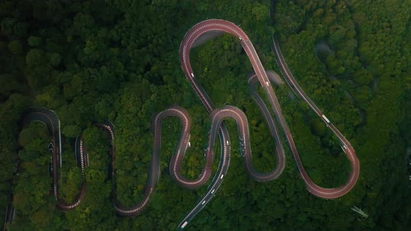 Aerial view of a curvy road near Hakone, Japan.