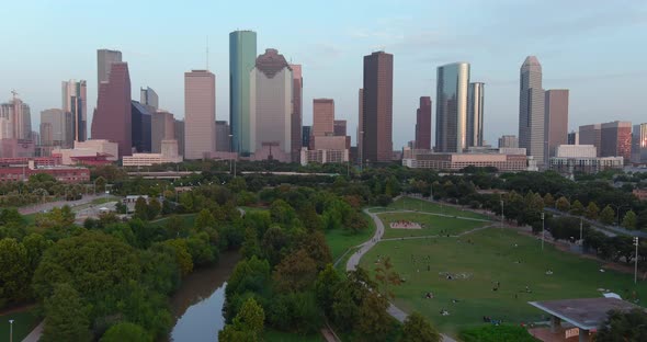 Establishing aerial shot of downtown Houston in the evening