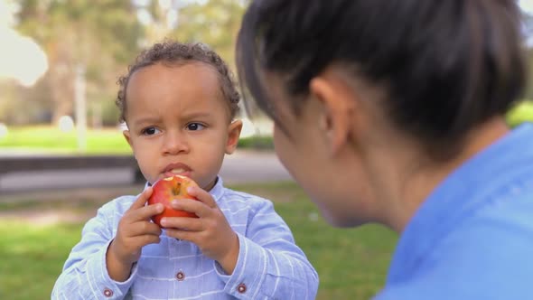 Little Boy Eating Apple, Looking Aside, Mother Looking at Him