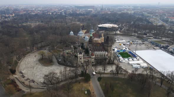 4K circle drone shot over Vajdahunyad Castle in Budapest Hungary 2