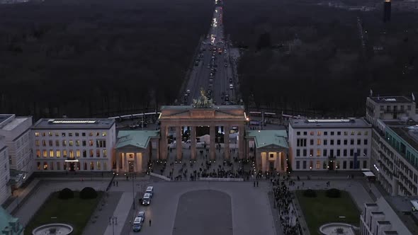 AERIAL: Towards Brandenburger Tor with City Traffic Lights in Berlin, Germany 