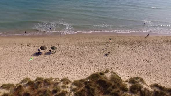 Steady aerial shot of a coastline . Sea shore and vegetation. Some people on the beach with a couple