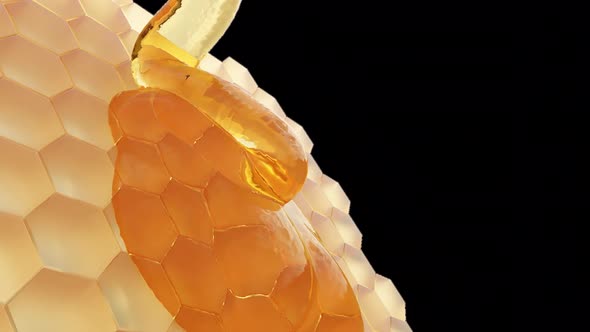 Transparent fresh honey flows down the honeycomb.