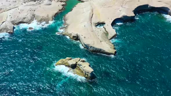 Sarakiniko beach. Milos island. Greece. View from drone. A seascape at the day time.