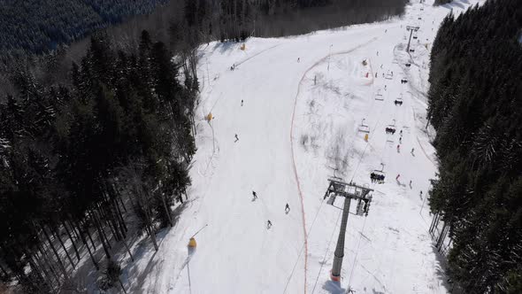 Aerial View of Ski Slopes with Skiers Go Down Under Ski Lifts on Ski Resort