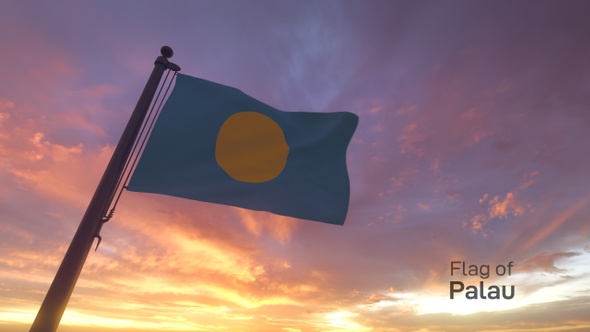 Palau Flag on a Flagpole V3